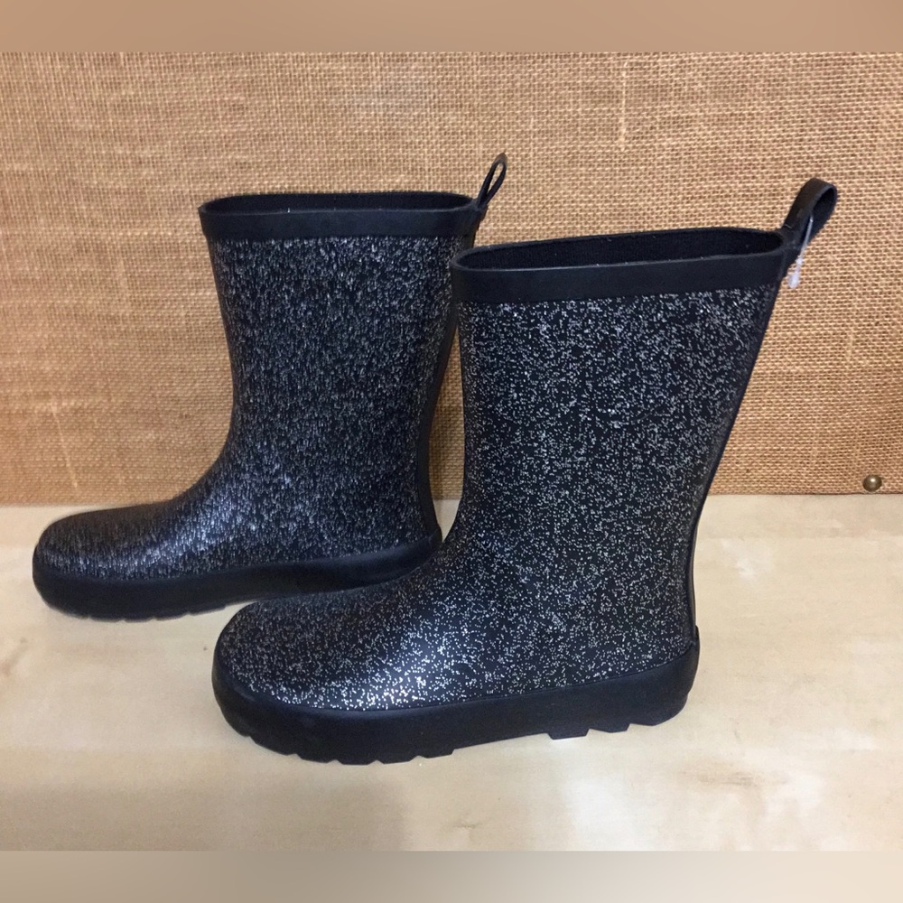 Kids Mark & Spencer Black Glitter Rain Boots Size 1.5 (EUR 33) k610